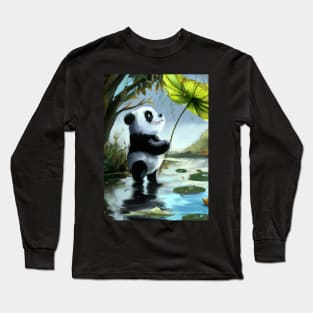 Panda with Leaf Umbrella Long Sleeve T-Shirt